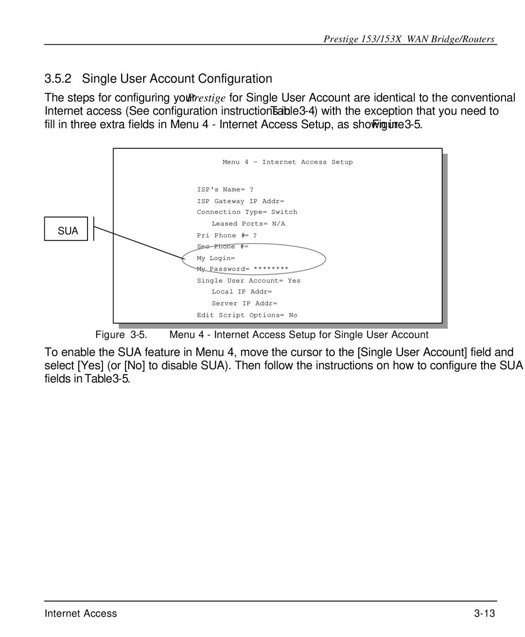 ZyXEL Communications 153X Single User Account Configuration, Menu 4 Internet Access Setup for Single User Account 