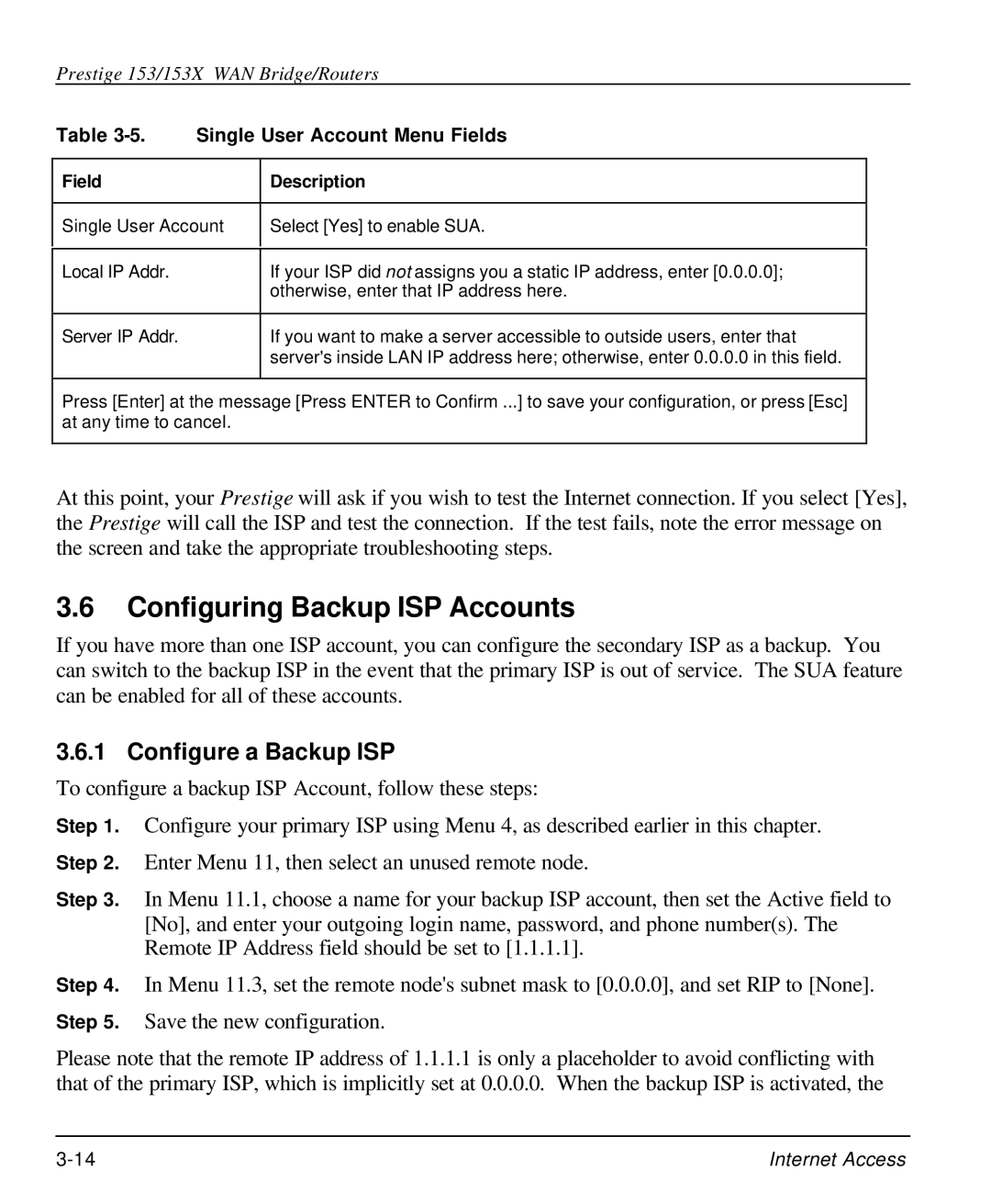 ZyXEL Communications 153X Configuring Backup ISP Accounts, Configure a Backup ISP, Single User Account Menu Fields 