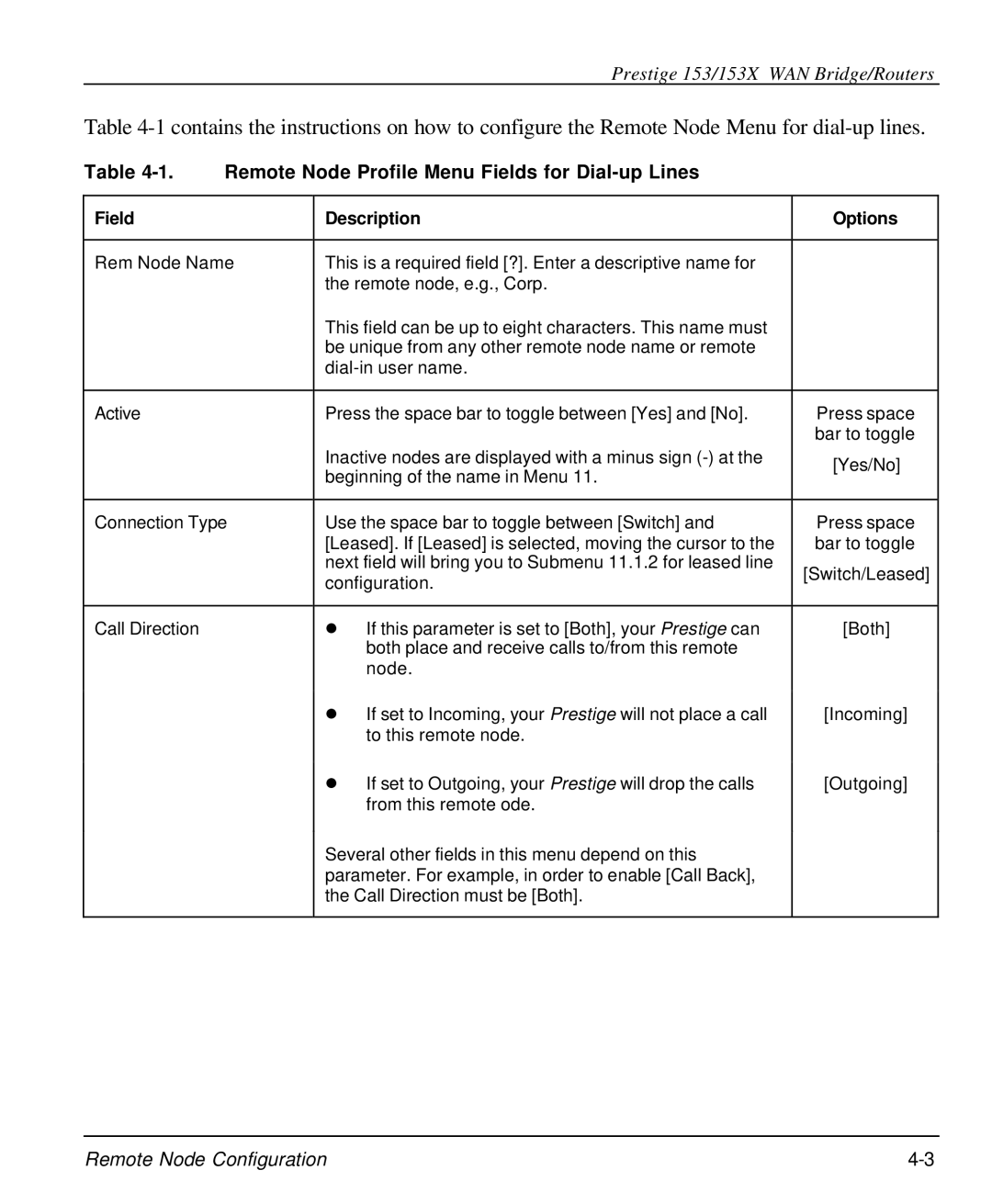 ZyXEL Communications 153X user manual Remote Node Profile Menu Fields for Dial-up Lines, Field Description Options 