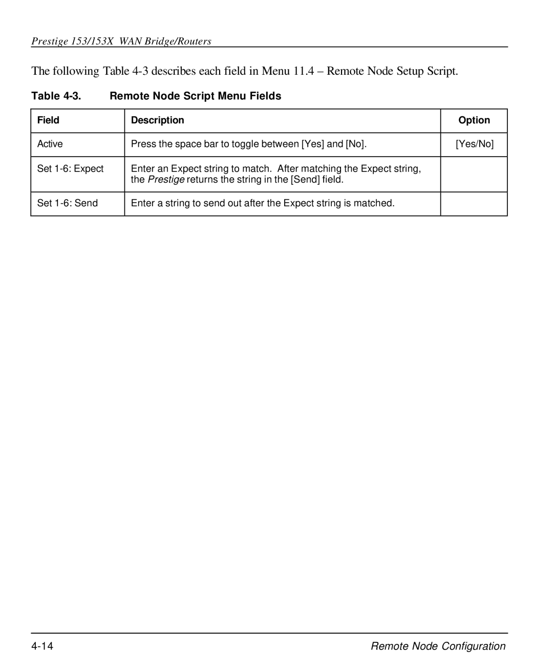 ZyXEL Communications 153X user manual Remote Node Script Menu Fields 