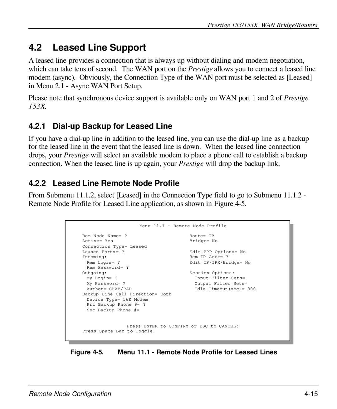 ZyXEL Communications 153X user manual Leased Line Support, Dial-up Backup for Leased Line, Leased Line Remote Node Profile 