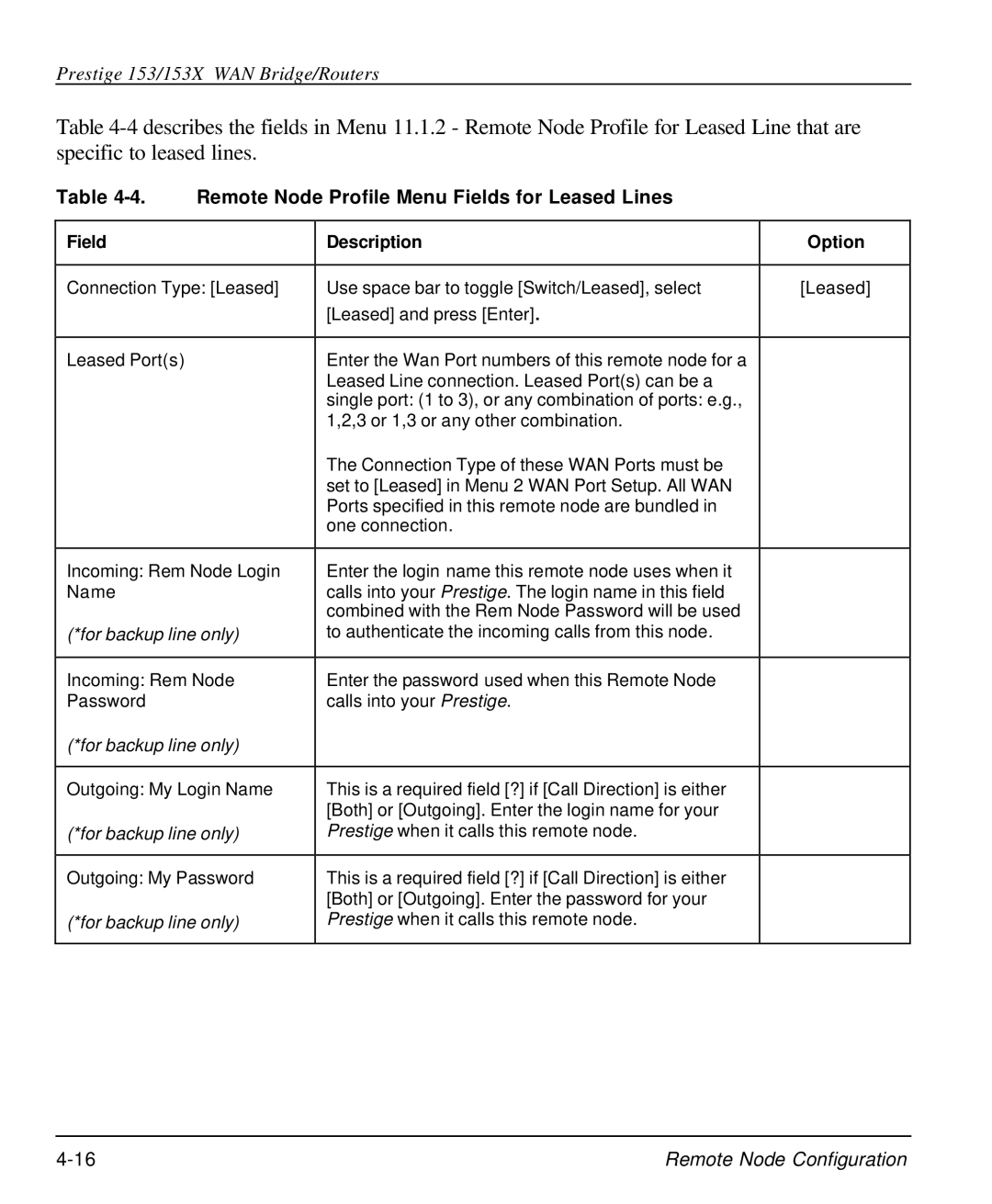 ZyXEL Communications 153X user manual Remote Node Profile Menu Fields for Leased Lines, For backup line only 