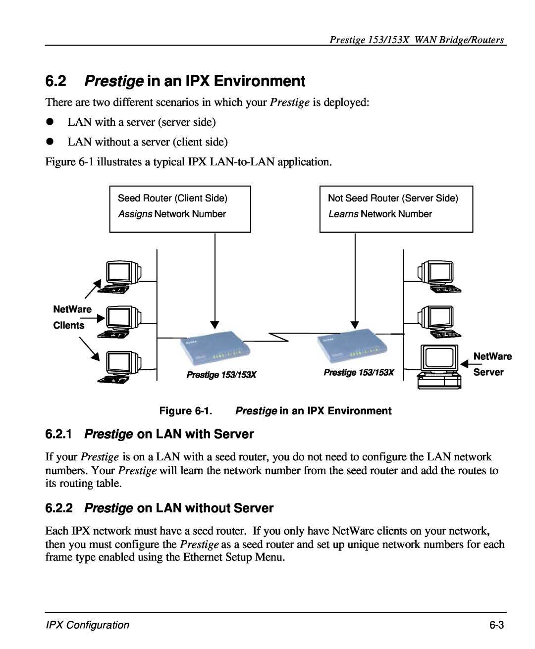 ZyXEL Communications 153X Prestige in an IPX Environment, Prestige on LAN with Server, Prestige on LAN without Server 