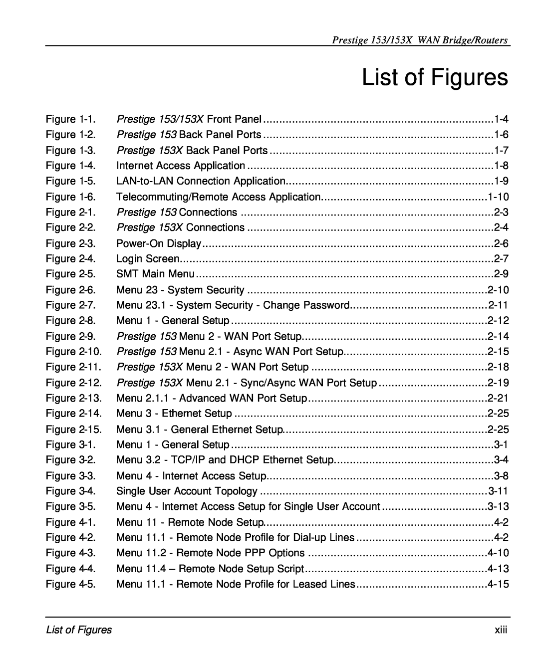 ZyXEL Communications user manual List of Figures, Prestige 153/153X WAN Bridge/Routers, xiii 
