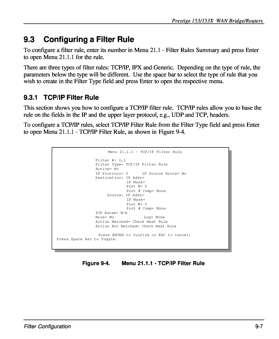 ZyXEL Communications 153X user manual Configuring a Filter Rule, 9.3.1 TCP/IP Filter Rule 