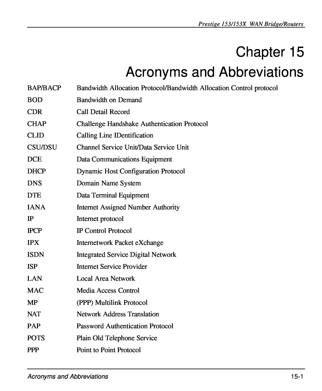 ZyXEL Communications 153X user manual Chapter, Acronyms and Abbreviations 