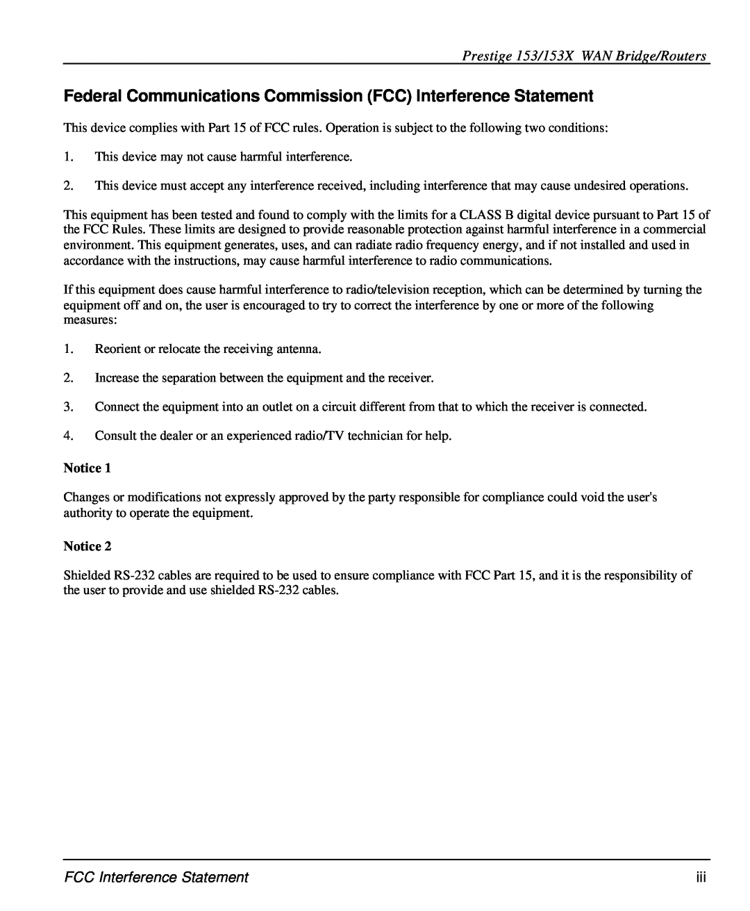 ZyXEL Communications 153X user manual Federal Communications Commission FCC Interference Statement 