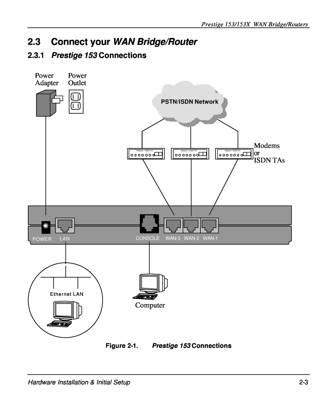 ZyXEL Communications Connect your WAN Bridge/Router, Prestige 153 Connections, Prestige 153/153X WAN Bridge/Routers 