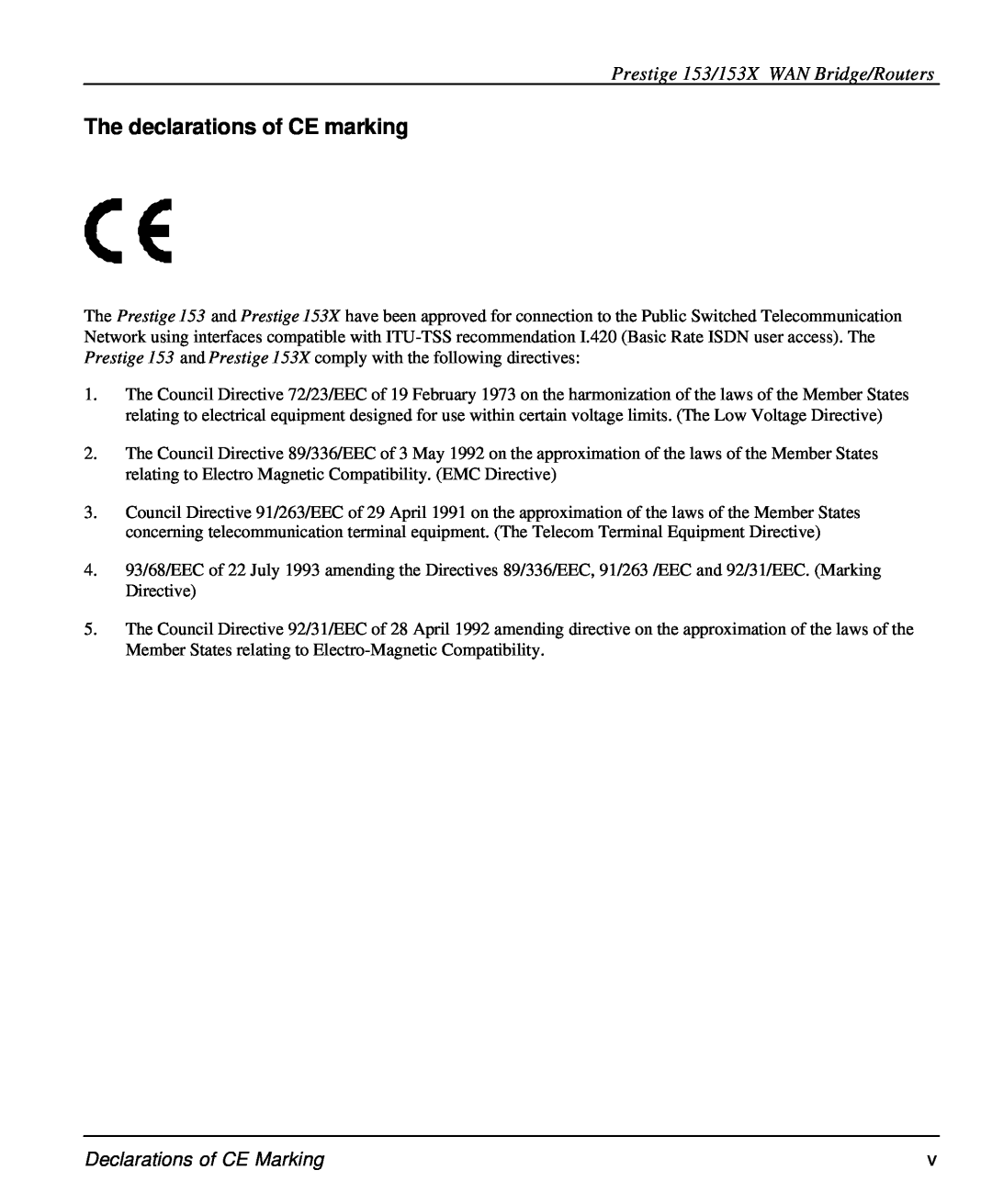 ZyXEL Communications The declarations of CE marking, Prestige 153/153X WAN Bridge/Routers, Declarations of CE Marking 
