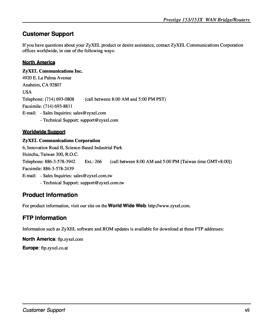 ZyXEL Communications Customer Support, Product Information, FTP Information, Prestige 153/153X WAN Bridge/Routers 