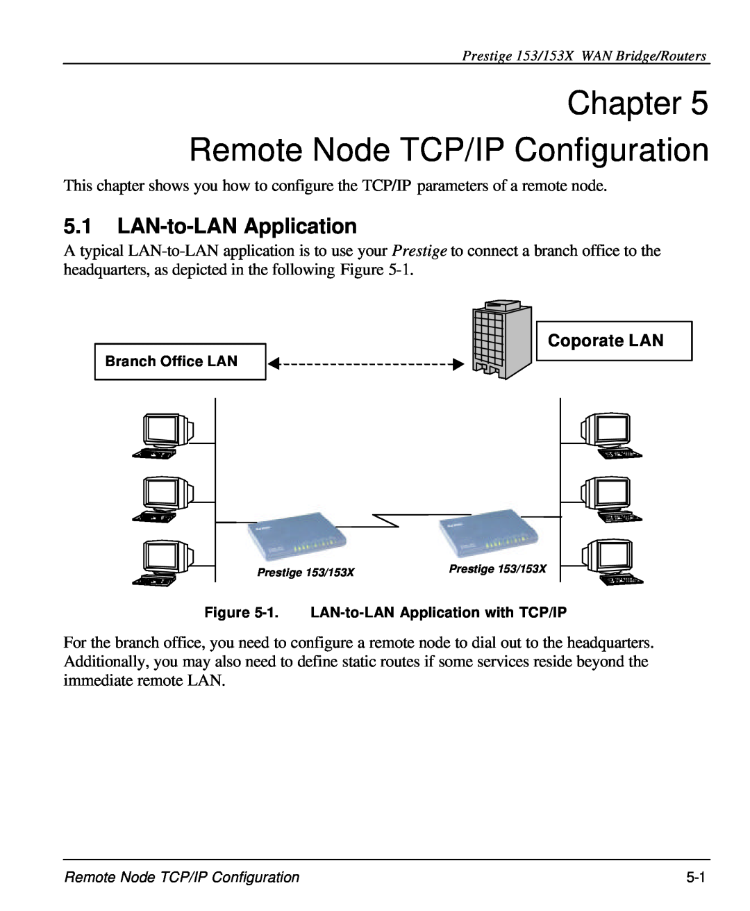 ZyXEL Communications 153X user manual Remote Node TCP/IP Configuration, LAN-to-LAN Application, Coporate LAN 