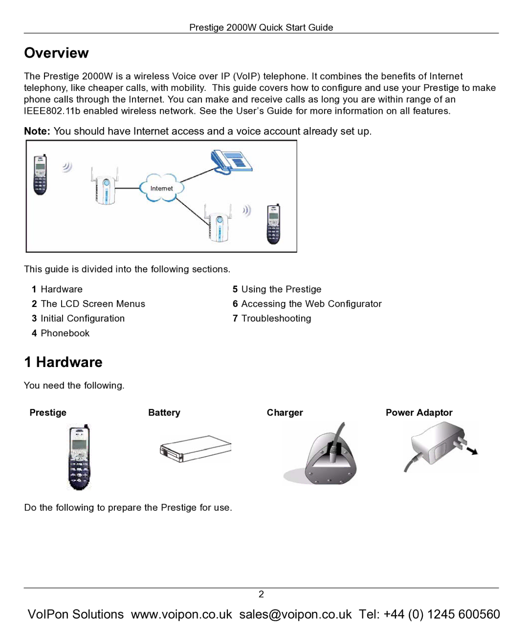 ZyXEL Communications 2000W quick start Overview, Hardware, Prestige Battery Charger Power Adaptor 