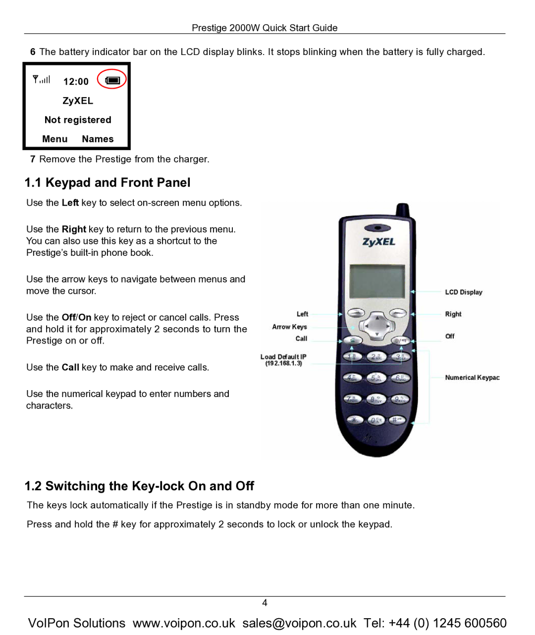 ZyXEL Communications 2000W Keypad and Front Panel, Switching the Key-lock On and Off, ZyXEL Not registered Menu Names 