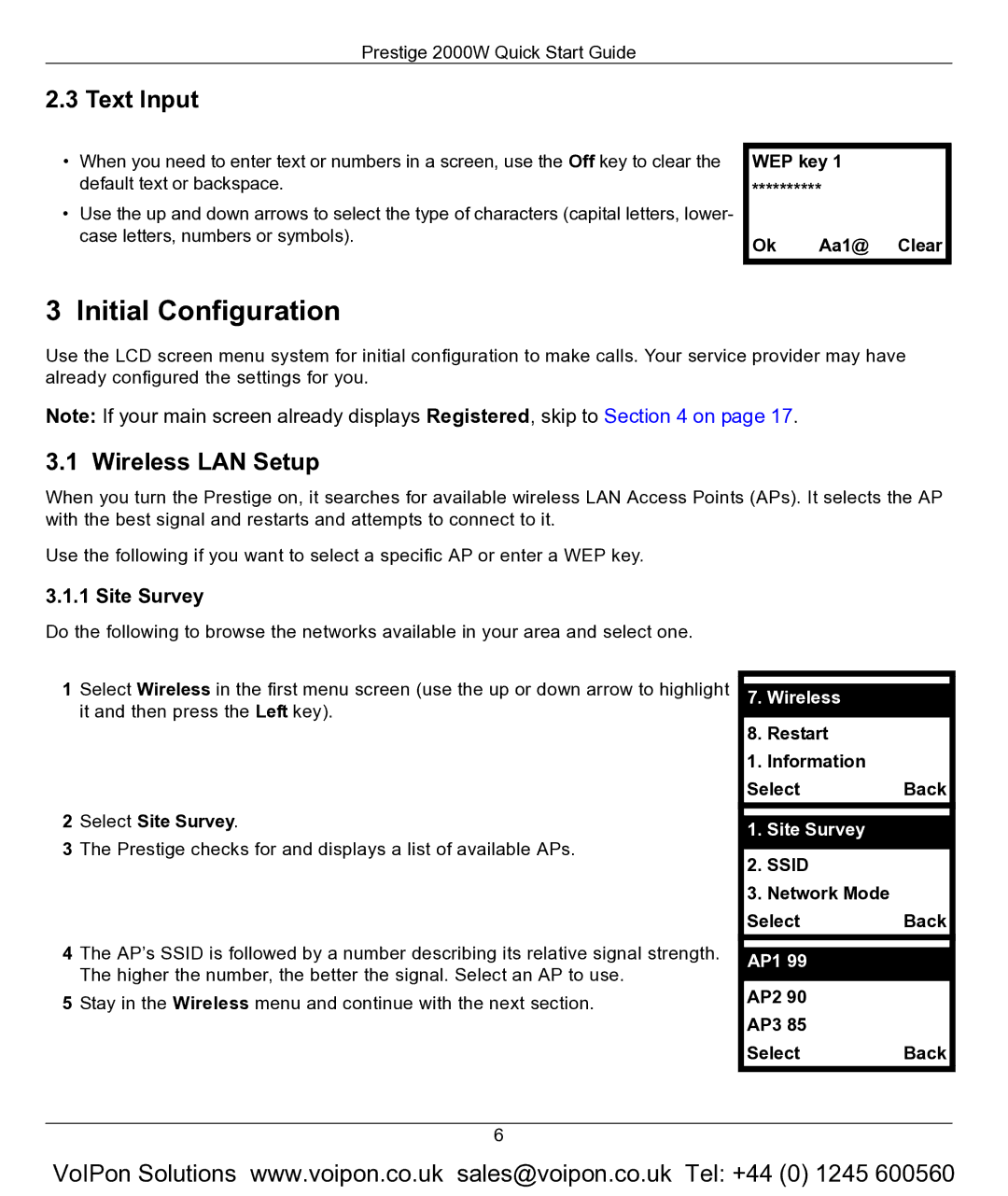 ZyXEL Communications 2000W quick start Initial Configuration, Text Input, Wireless LAN Setup, Site Survey 