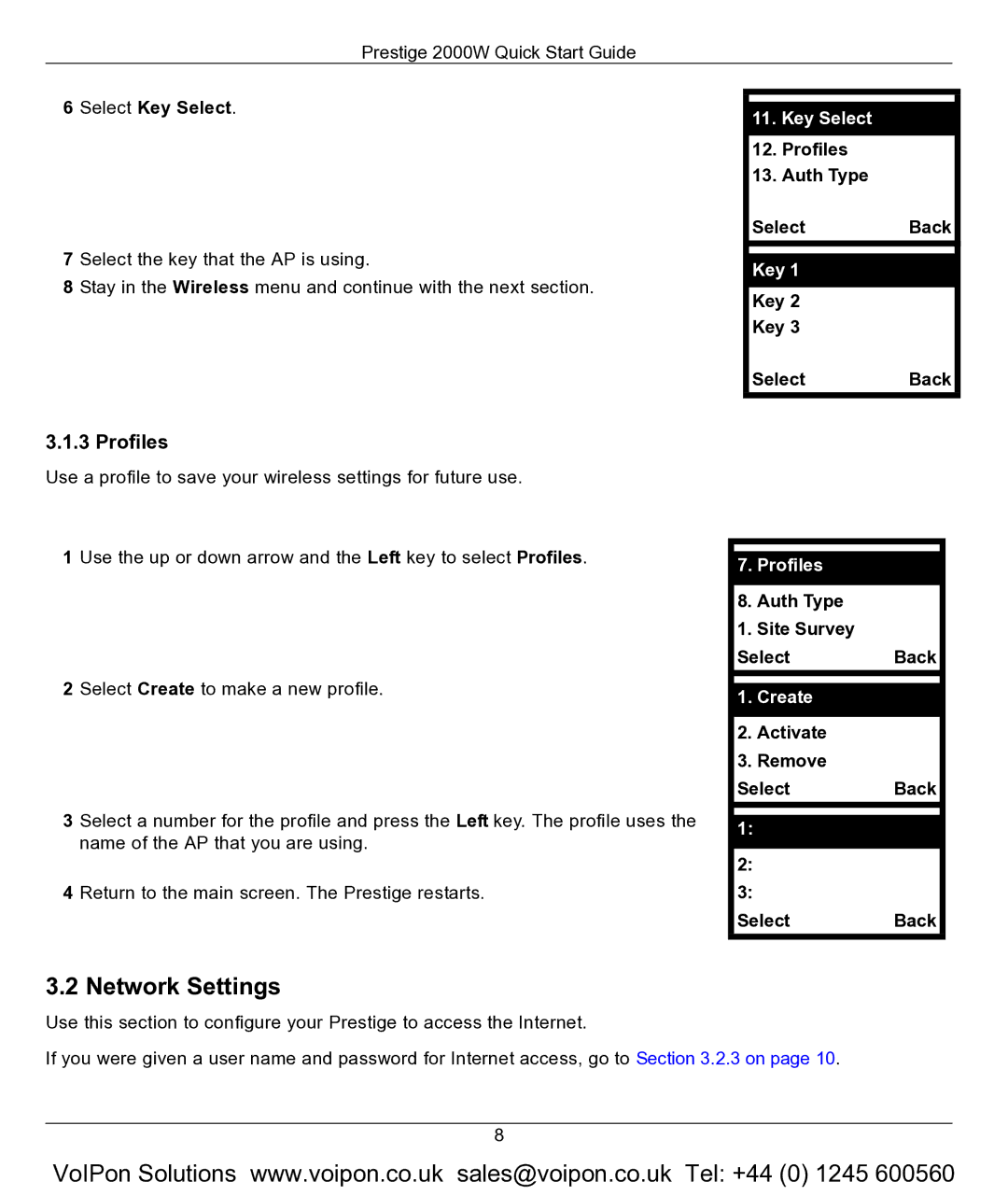 ZyXEL Communications 2000W quick start Network Settings, Profiles 