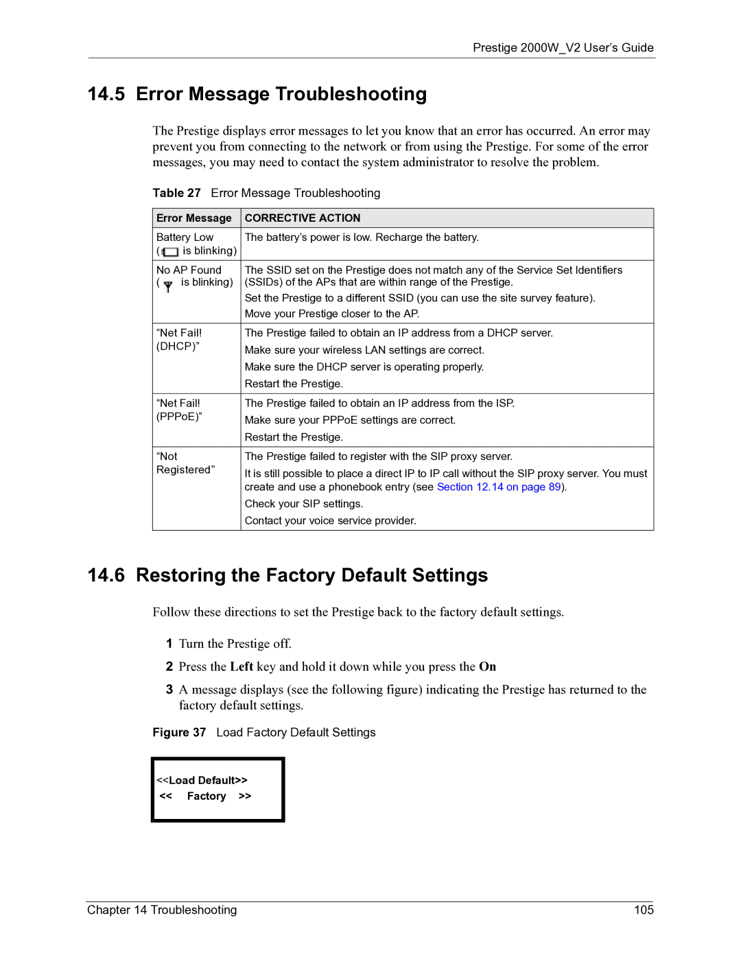 ZyXEL Communications 2000W Error Message Troubleshooting, Restoring the Factory Default Settings, Troubleshooting 105 