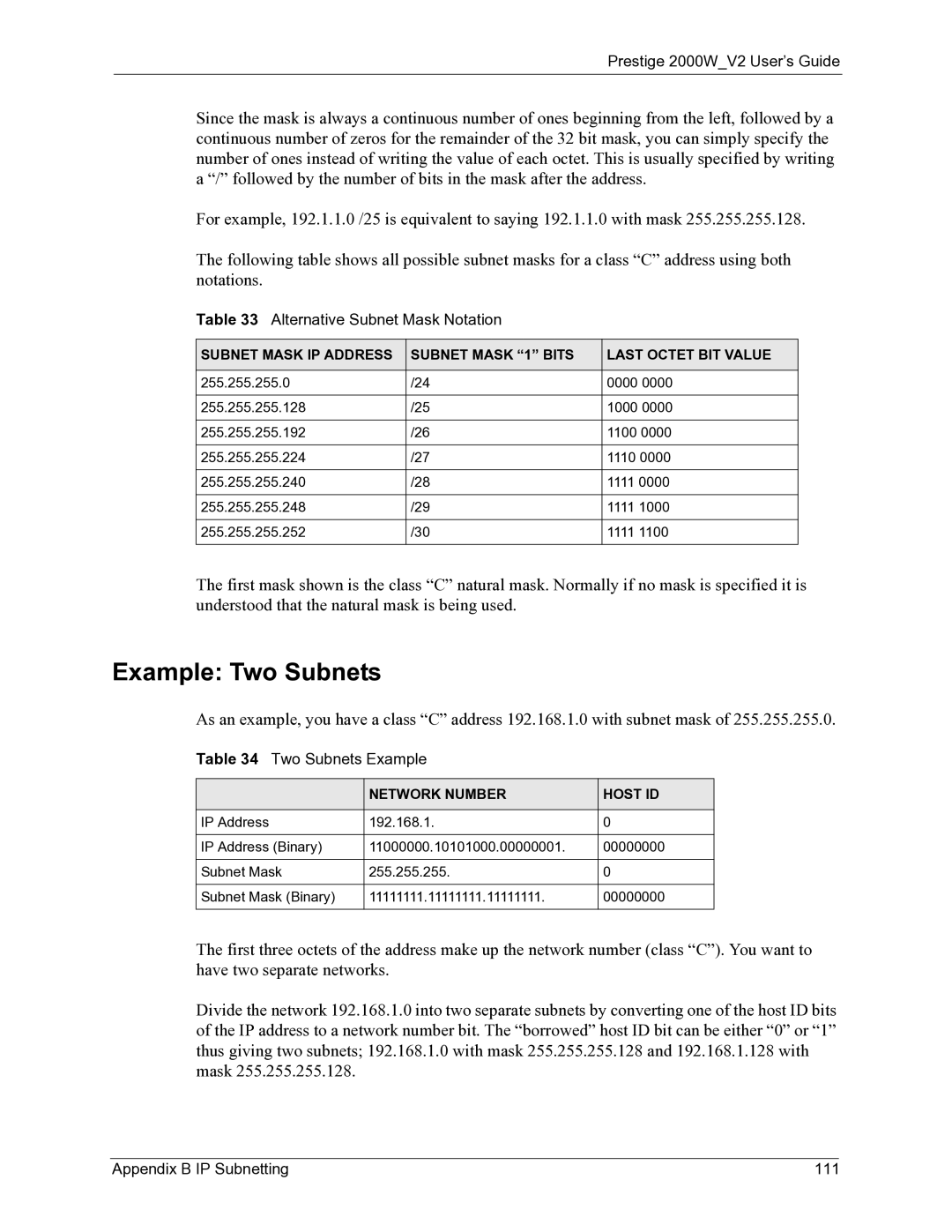 ZyXEL Communications 2000W manual Example Two Subnets, Alternative Subnet Mask Notation, Two Subnets Example 