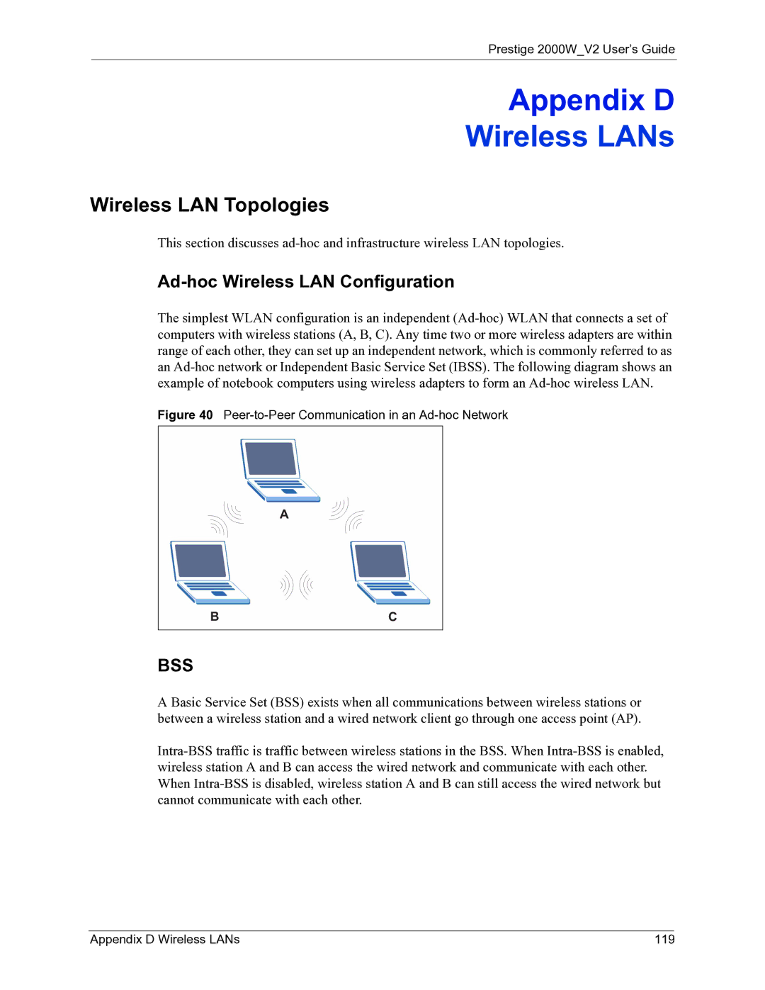 ZyXEL Communications 2000W manual Wireless LAN Topologies, Ad-hoc Wireless LAN Configuration, Appendix D Wireless LANs 119 