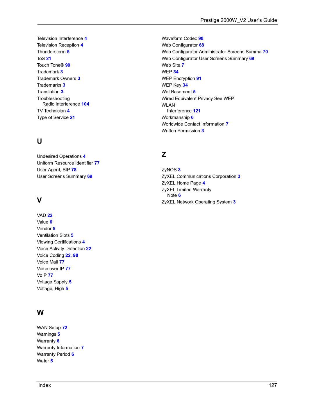 ZyXEL Communications 2000W manual Index 127, Wlan 