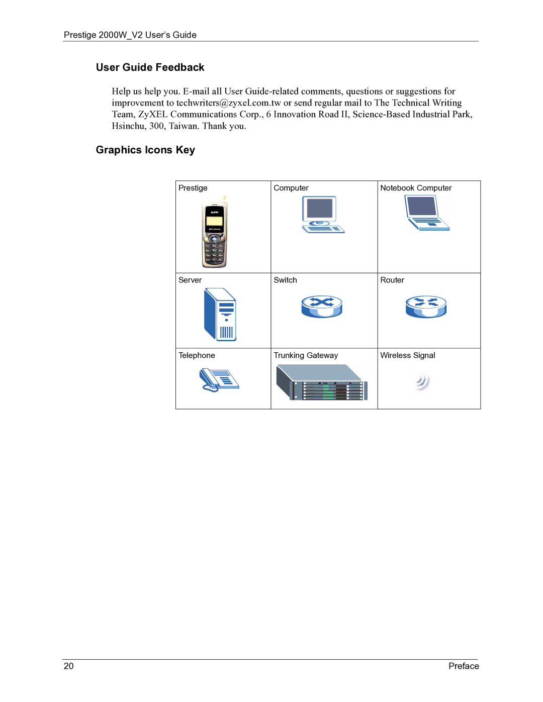 ZyXEL Communications 2000W manual User Guide Feedback, Graphics Icons Key 