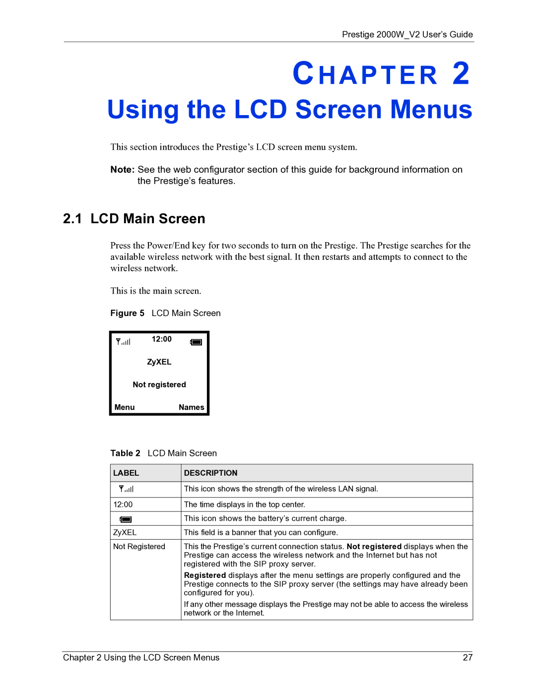 ZyXEL Communications 2000W manual Using the LCD Screen Menus, LCD Main Screen 