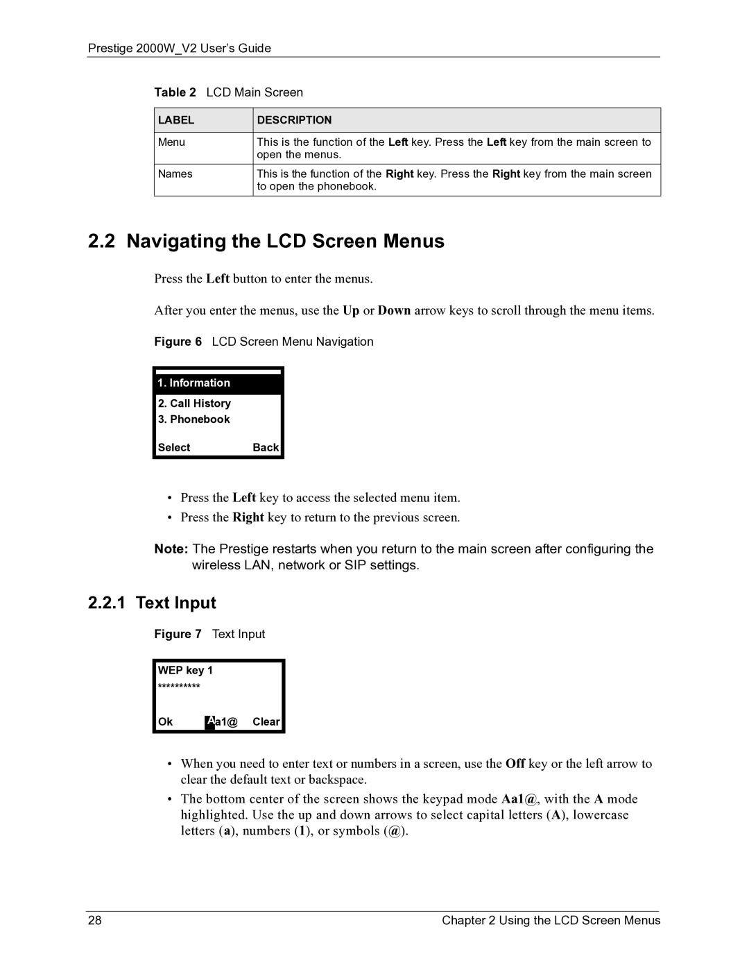 ZyXEL Communications manual Navigating the LCD Screen Menus, Text Input, Prestige 2000WV2 User’s Guide LCD Main Screen 