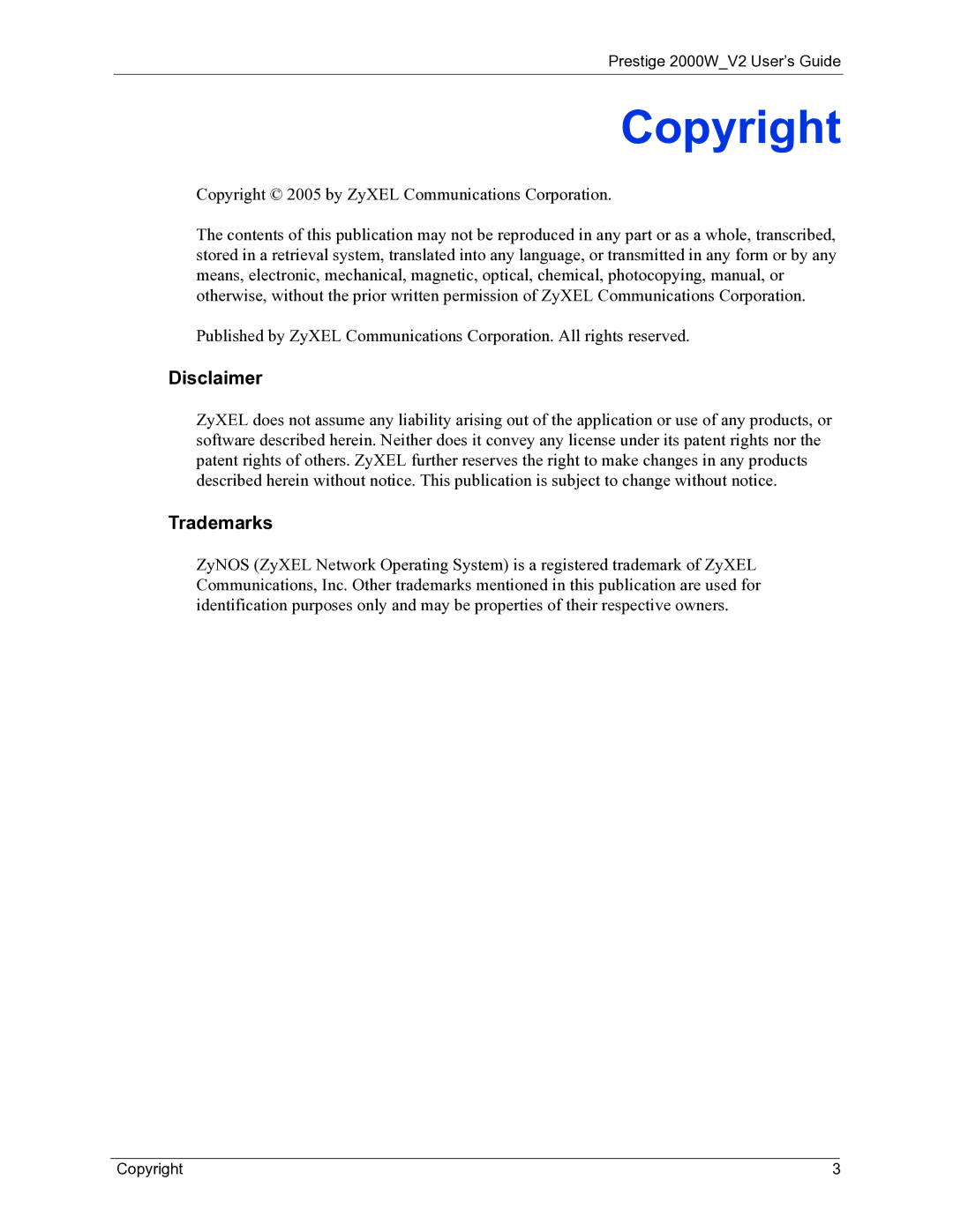 ZyXEL Communications manual Copyright, Disclaimer, Trademarks, Prestige 2000WV2 User’s Guide 