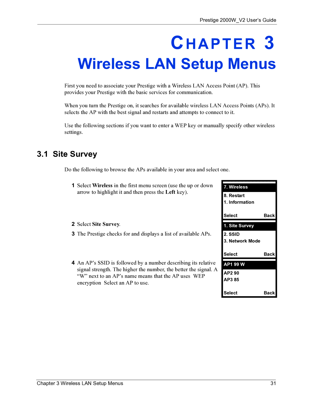 ZyXEL Communications 2000W manual Wireless LAN Setup Menus, Select Site Survey 