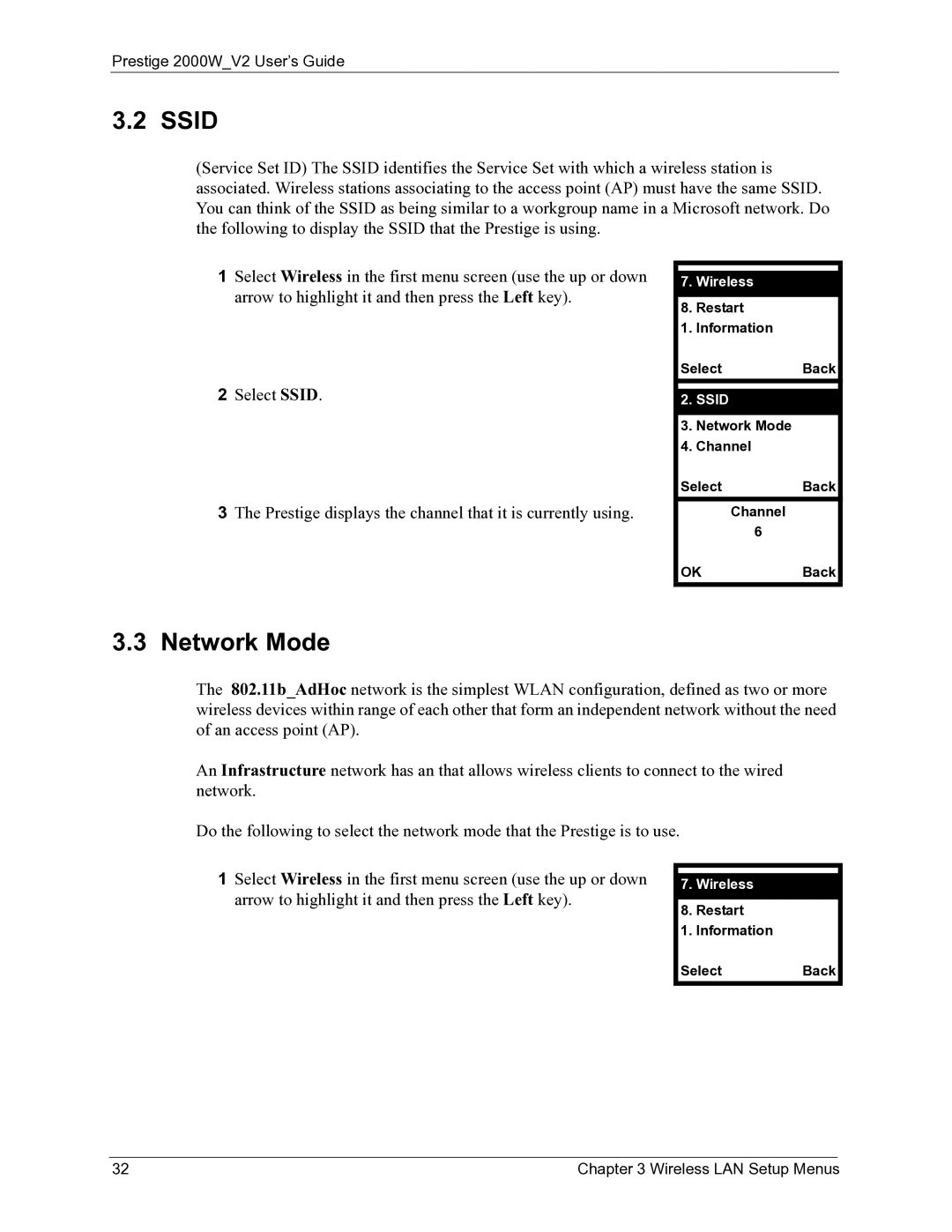 ZyXEL Communications 2000W manual Ssid, Network Mode, Select Wireless in the first menu screen use the up or down 