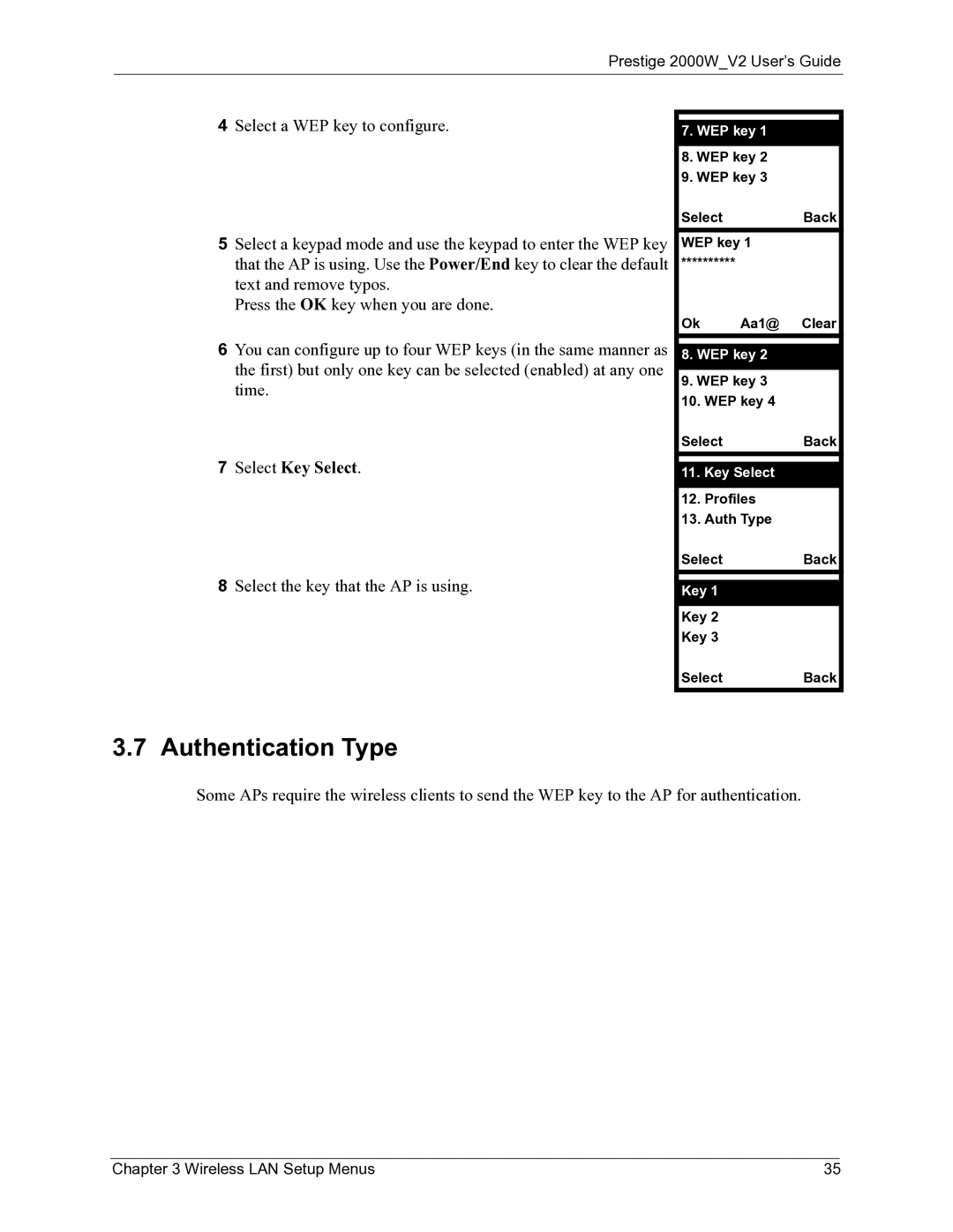 ZyXEL Communications 2000W manual Authentication Type, Select Key Select 