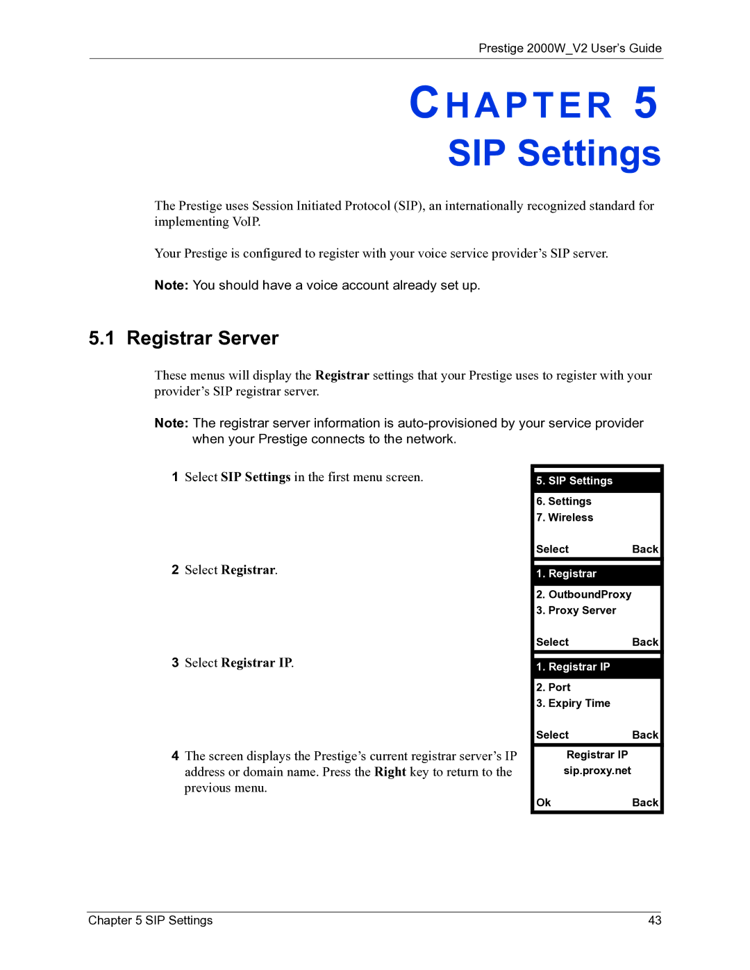 ZyXEL Communications 2000W manual SIP Settings, Registrar Server, Select Registrar Select Registrar IP 