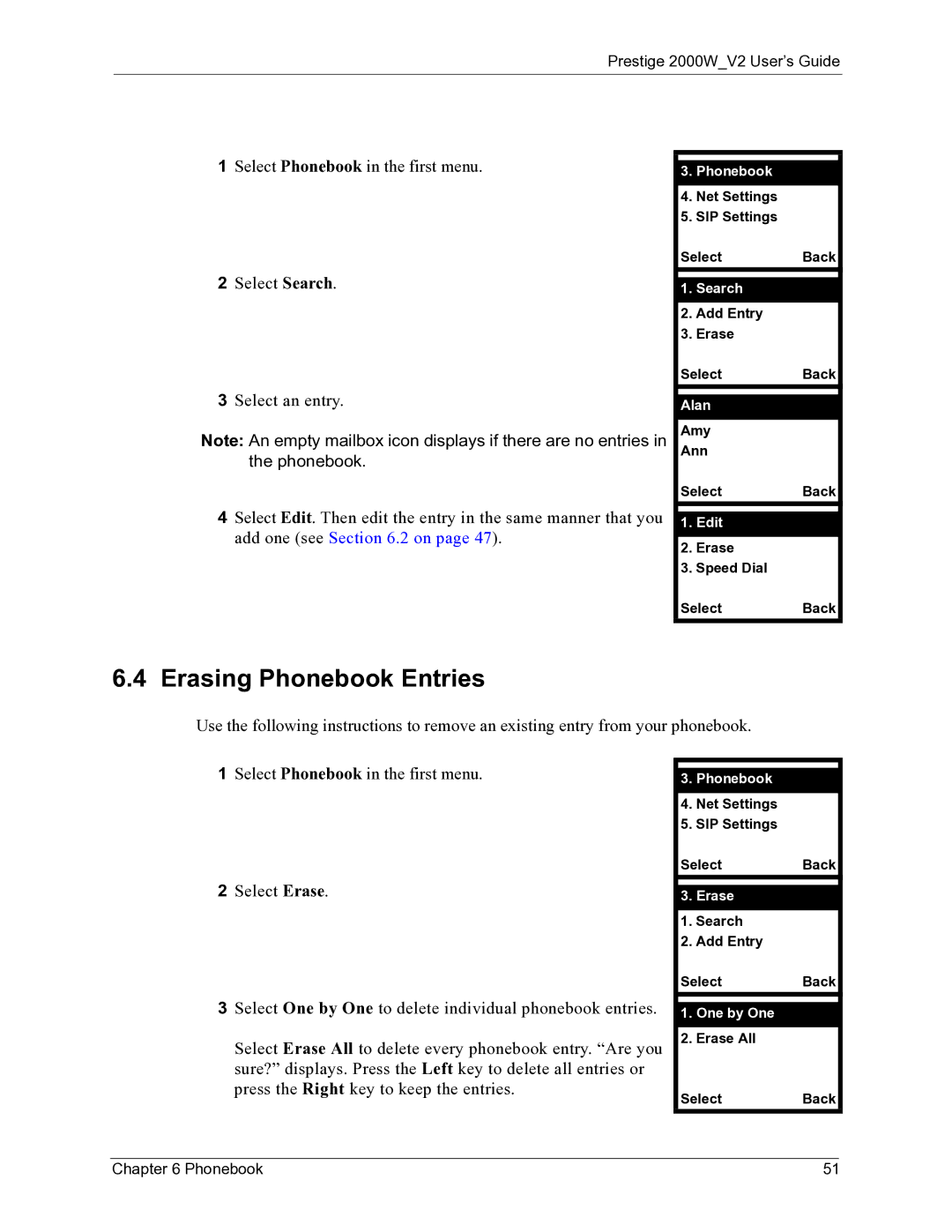 ZyXEL Communications 2000W manual Erasing Phonebook Entries 