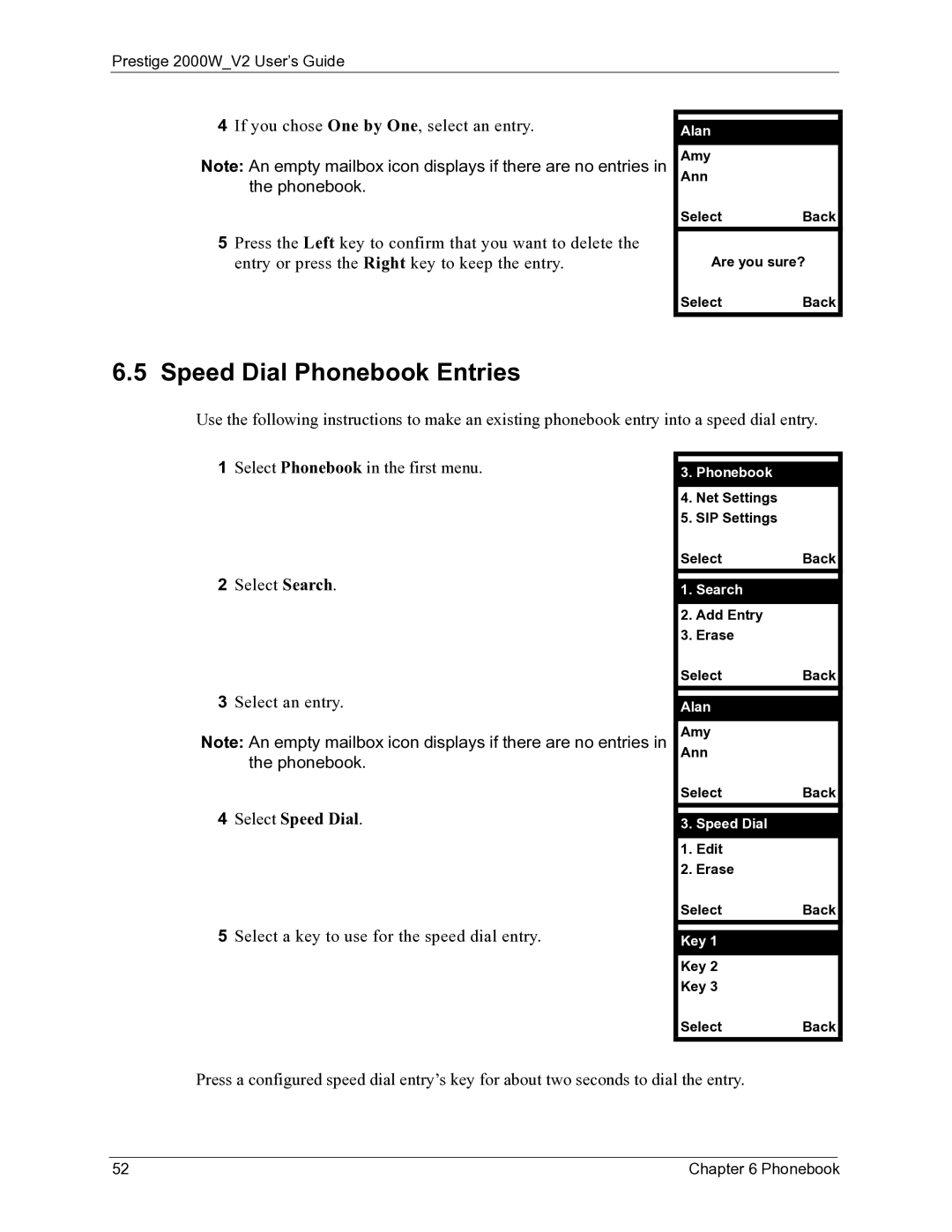 ZyXEL Communications 2000W manual Speed Dial Phonebook Entries, Select Speed Dial 