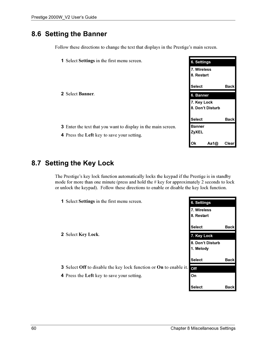 ZyXEL Communications 2000W manual Setting the Banner, Setting the Key Lock, Select Settings in the first menu screen 