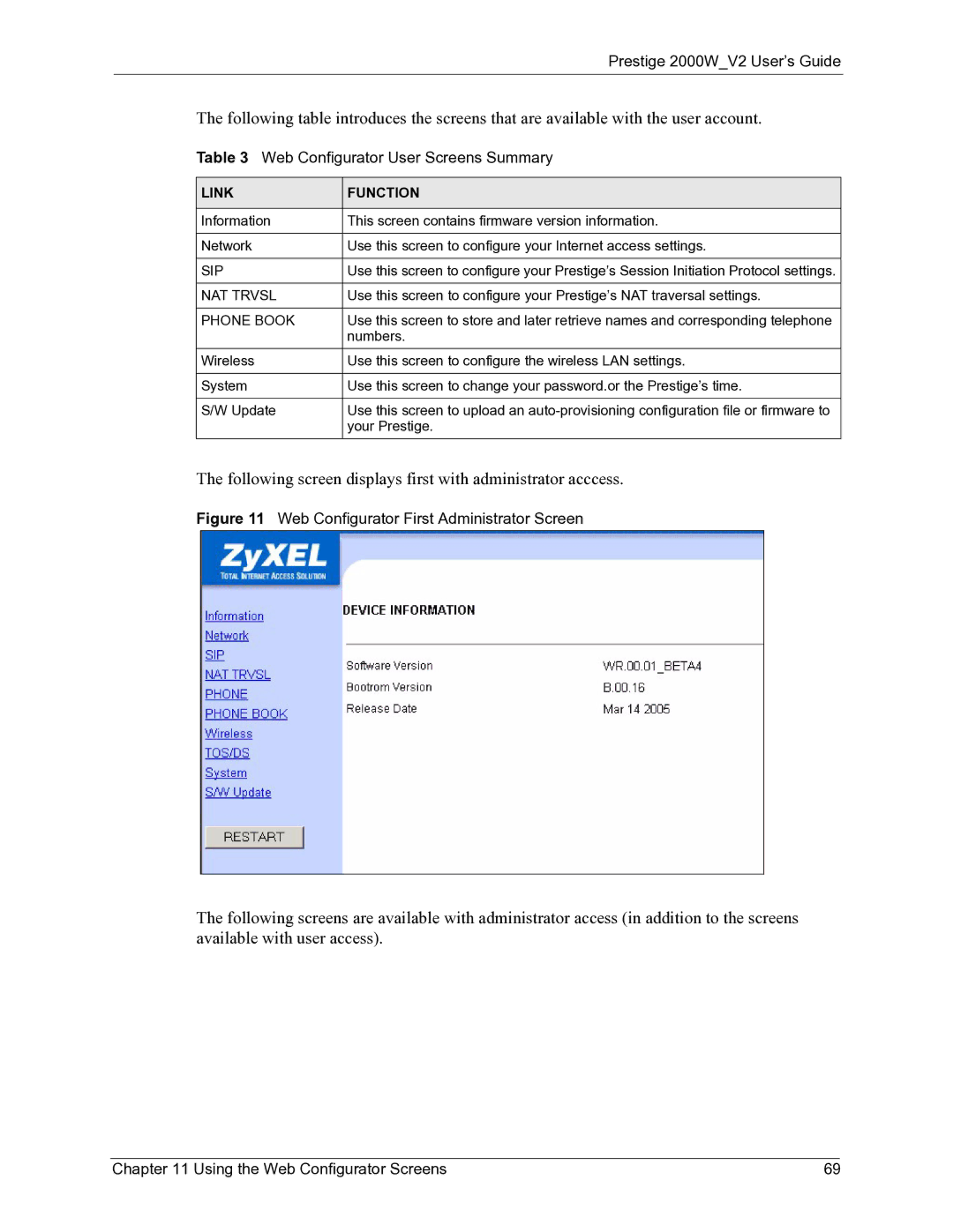 ZyXEL Communications 2000W manual Web Configurator User Screens Summary, Sip, NAT Trvsl, Phone Book 