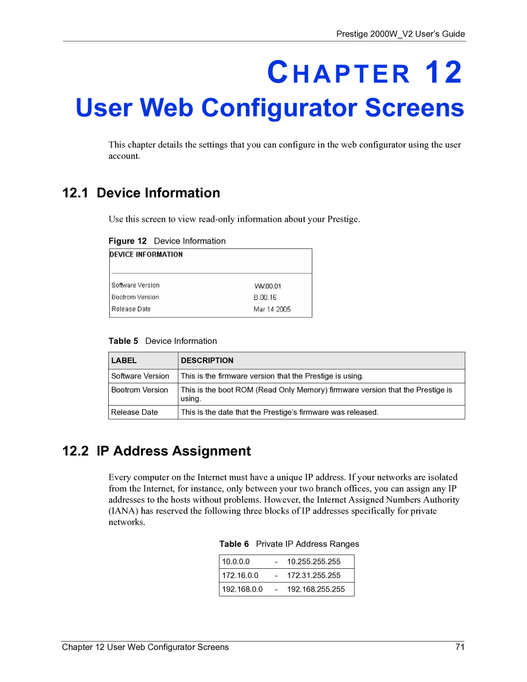 ZyXEL Communications 2000W manual User Web Configurator Screens, Device Information, IP Address Assignment 