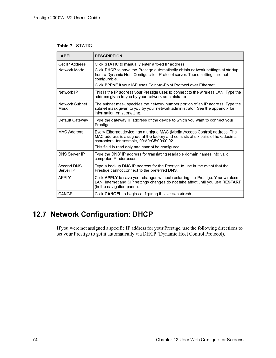 ZyXEL Communications 2000W manual Network Configuration Dhcp, Apply, Cancel 