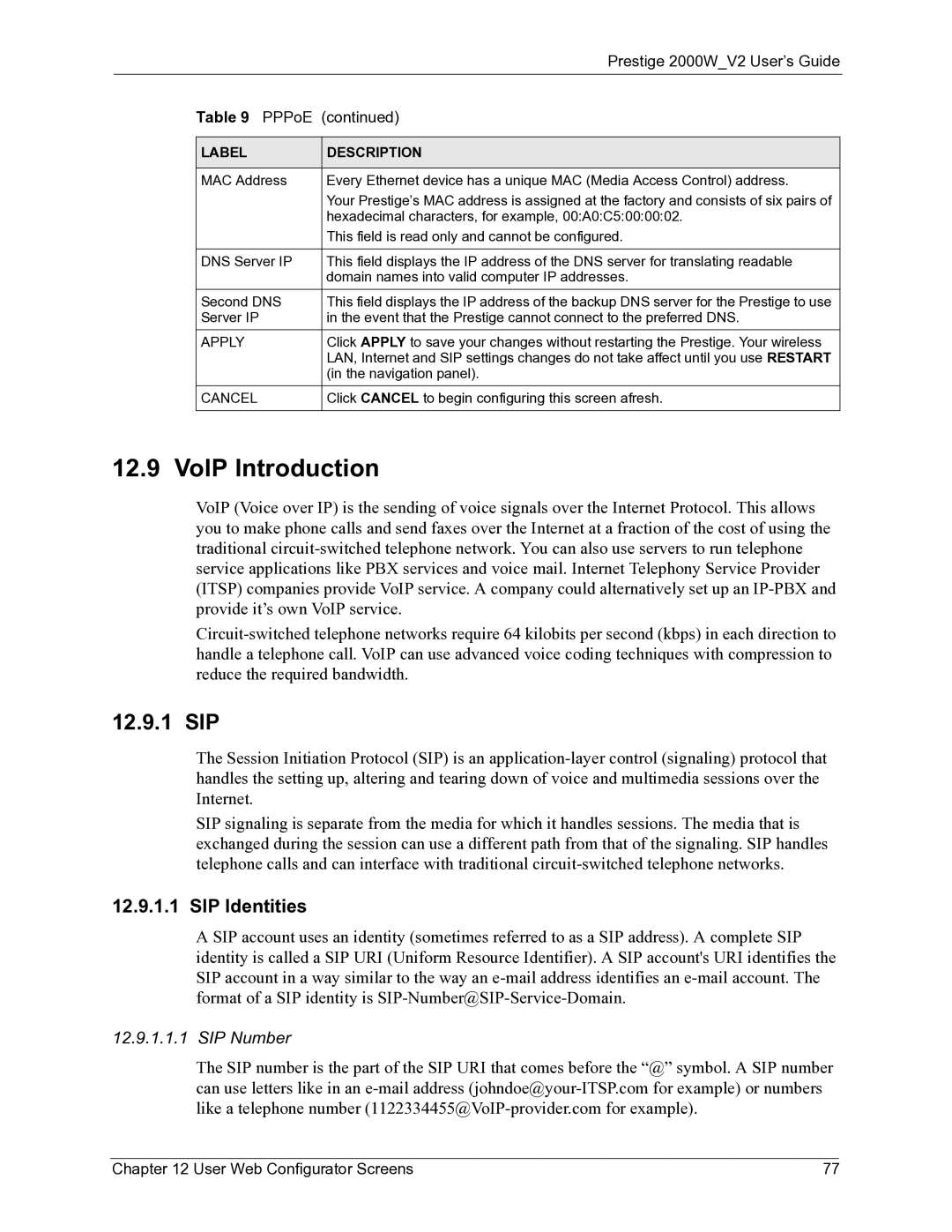 ZyXEL Communications 2000W manual VoIP Introduction, 12.9.1 SIP, SIP Identities, PPPoE 