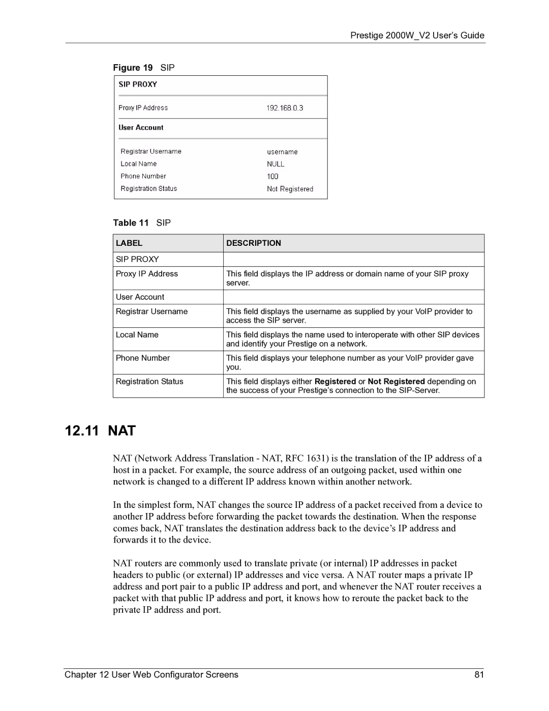 ZyXEL Communications 2000W manual 12.11 NAT, SIP Proxy 