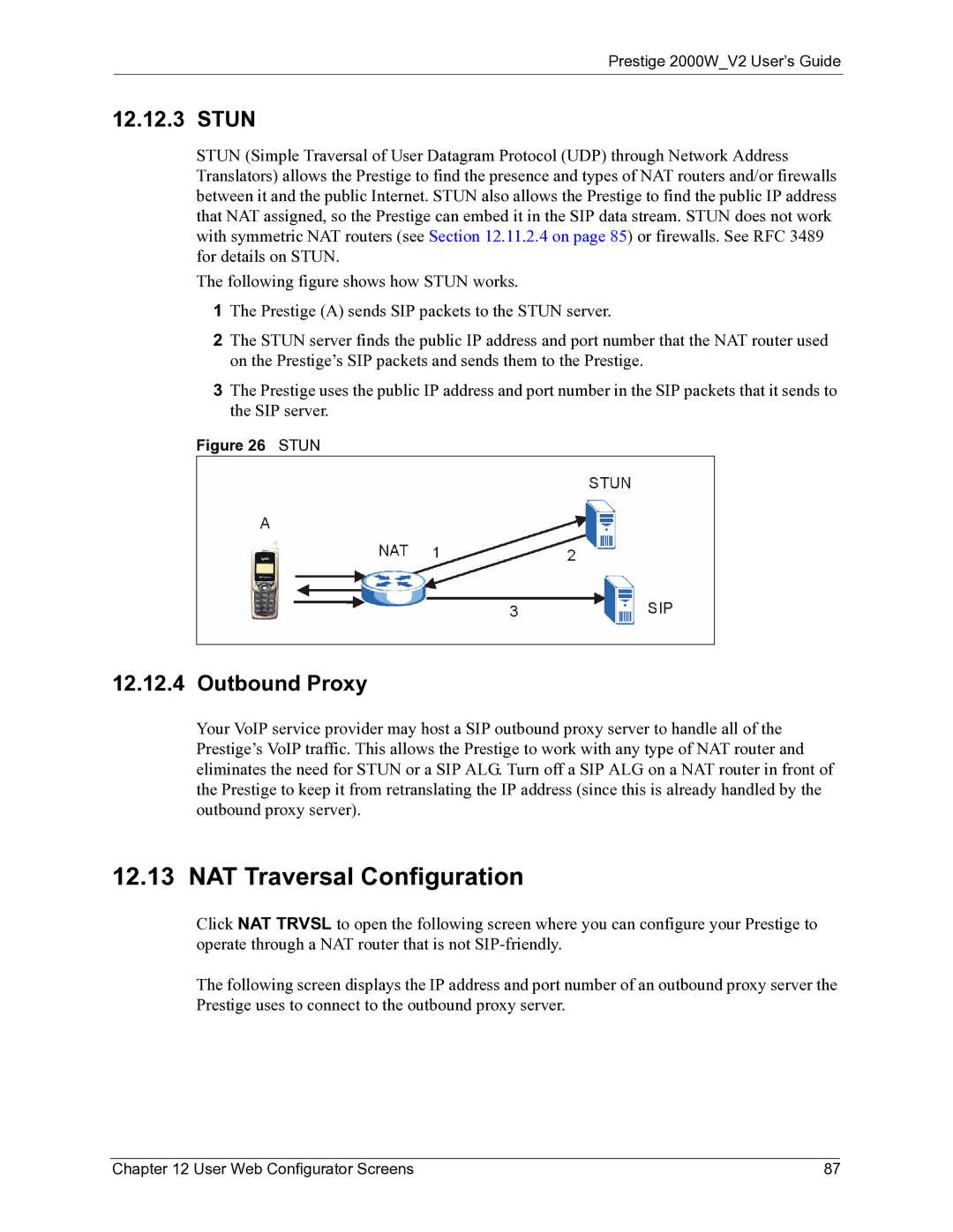 ZyXEL Communications 2000W manual NAT Traversal Configuration, Stun, Outbound Proxy 