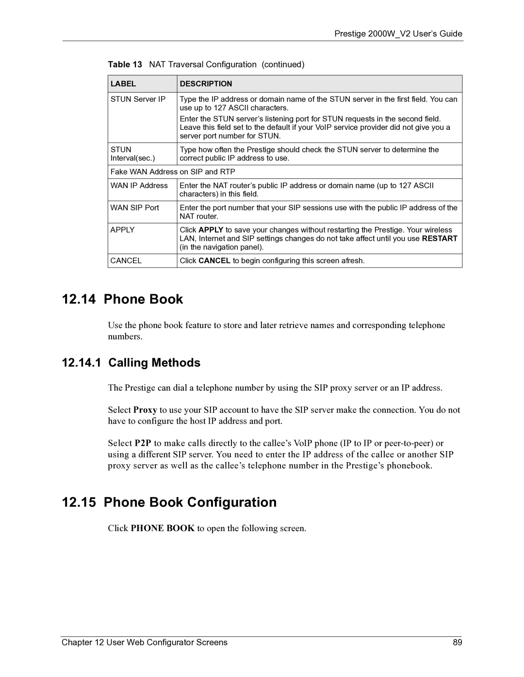 ZyXEL Communications 2000W manual Phone Book Configuration, Calling Methods, Stun 