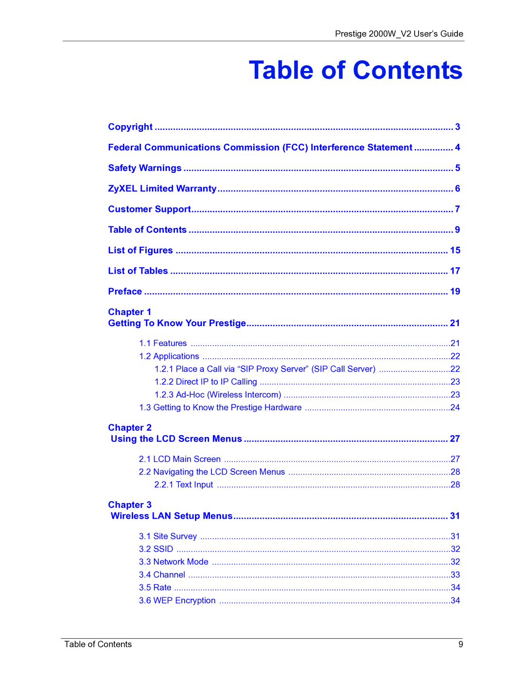 ZyXEL Communications 2000W manual Table of Contents 