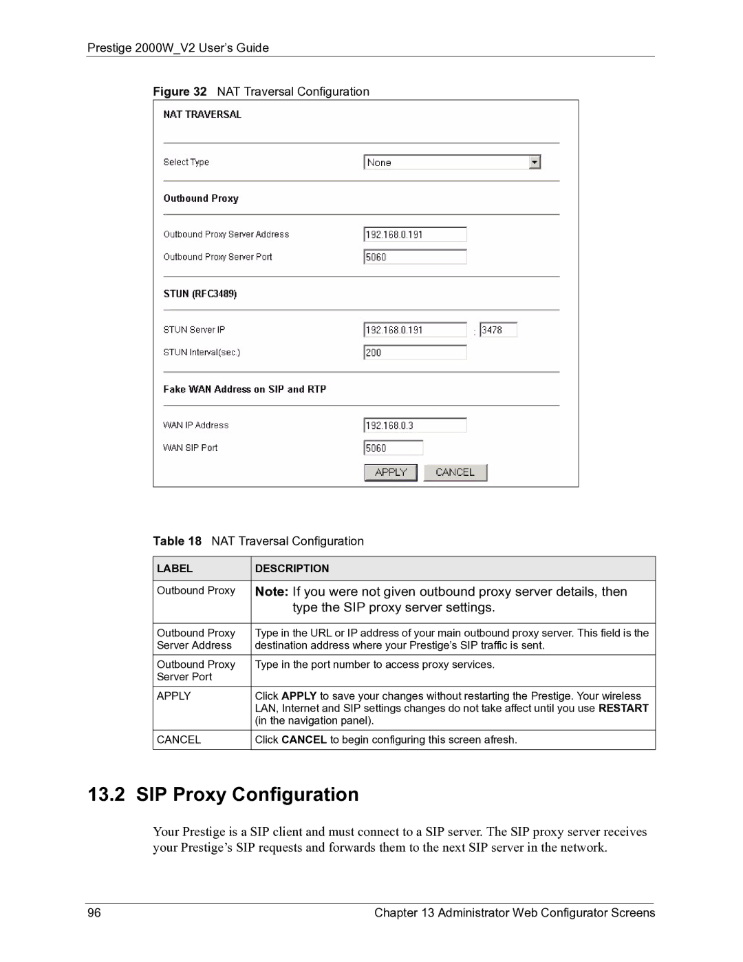 ZyXEL Communications 2000W manual SIP Proxy Configuration, Type the SIP proxy server settings 