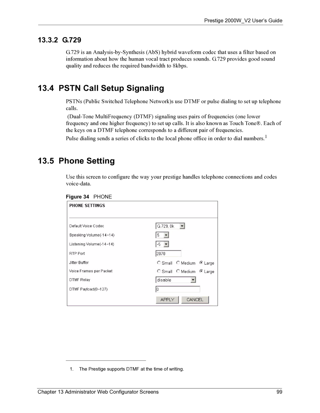 ZyXEL Communications 2000W manual Pstn Call Setup Signaling, Phone Setting, 13.3.2 G.729 