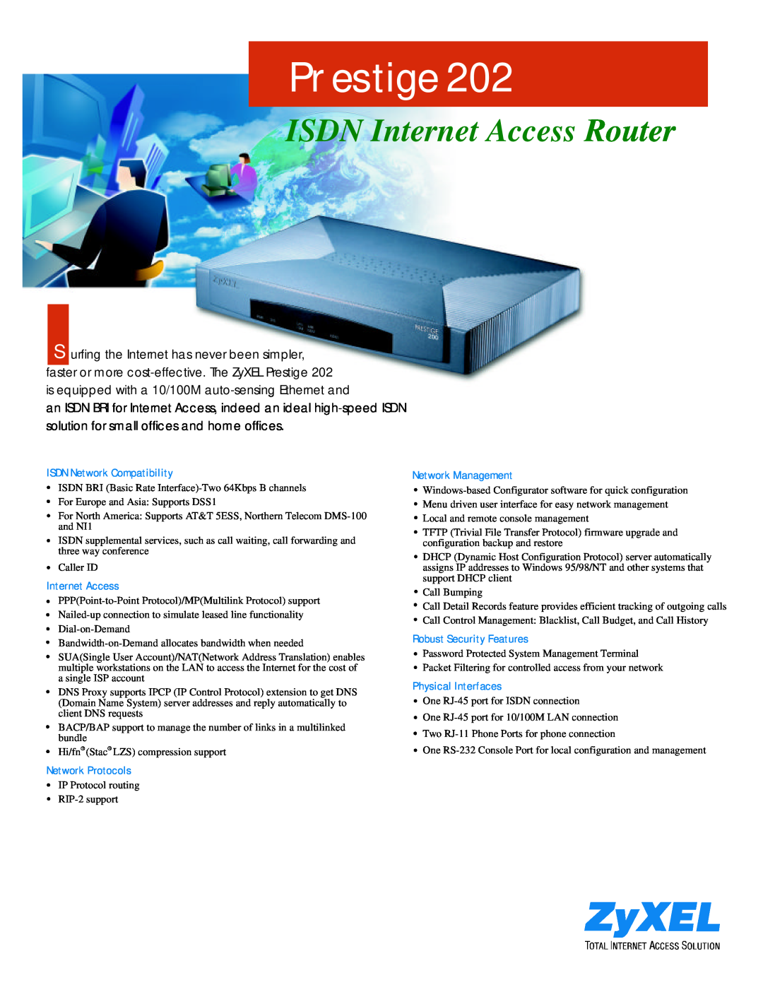 ZyXEL Communications 202 specifications Prestige, ISDN Internet Access Router 