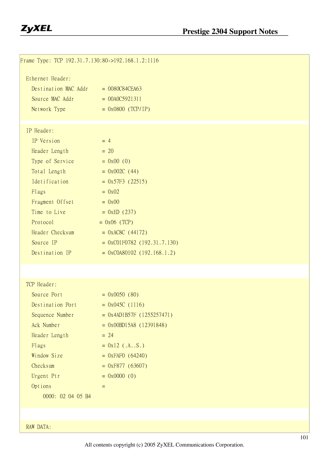 ZyXEL Communications 2304R-P1 manual Frame Type TCP Ethernet Header 