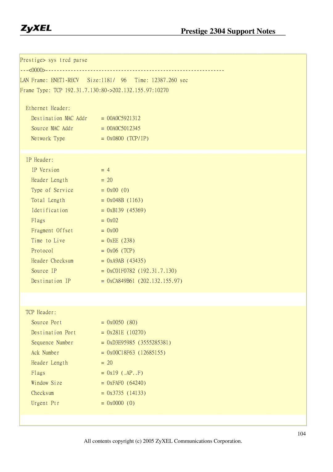 ZyXEL Communications 2304R-P1 manual Prestige sys trcd parse 0000 