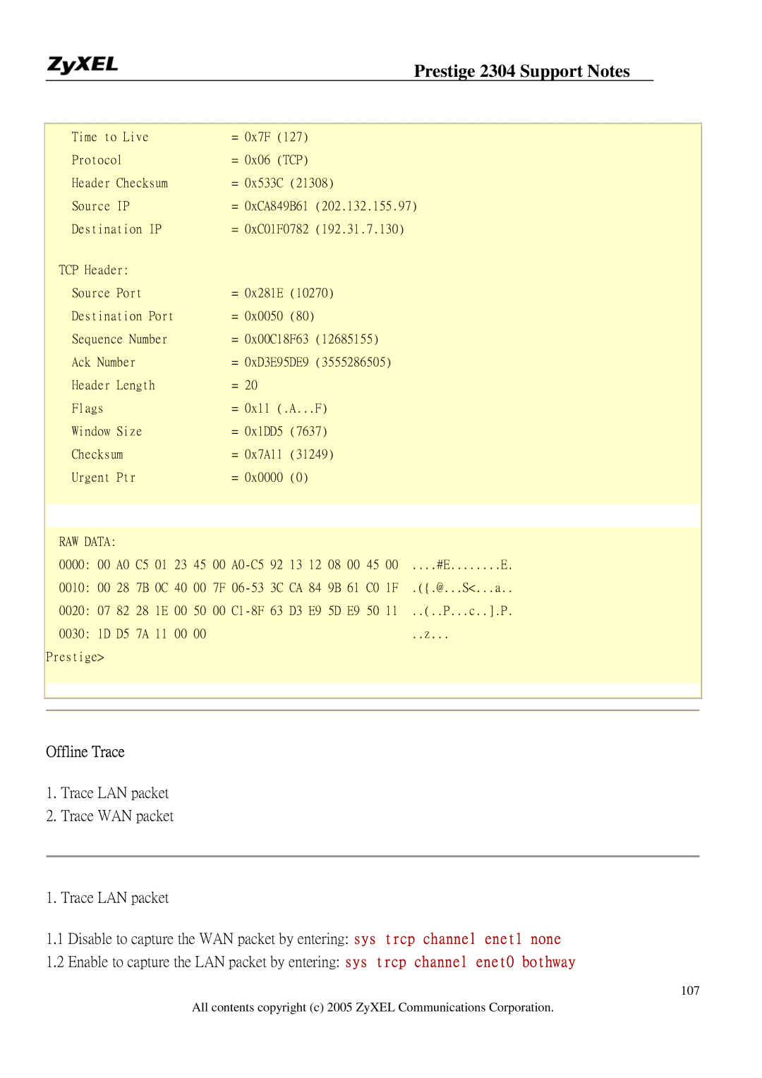 ZyXEL Communications 2304R-P1 manual Offline Trace 