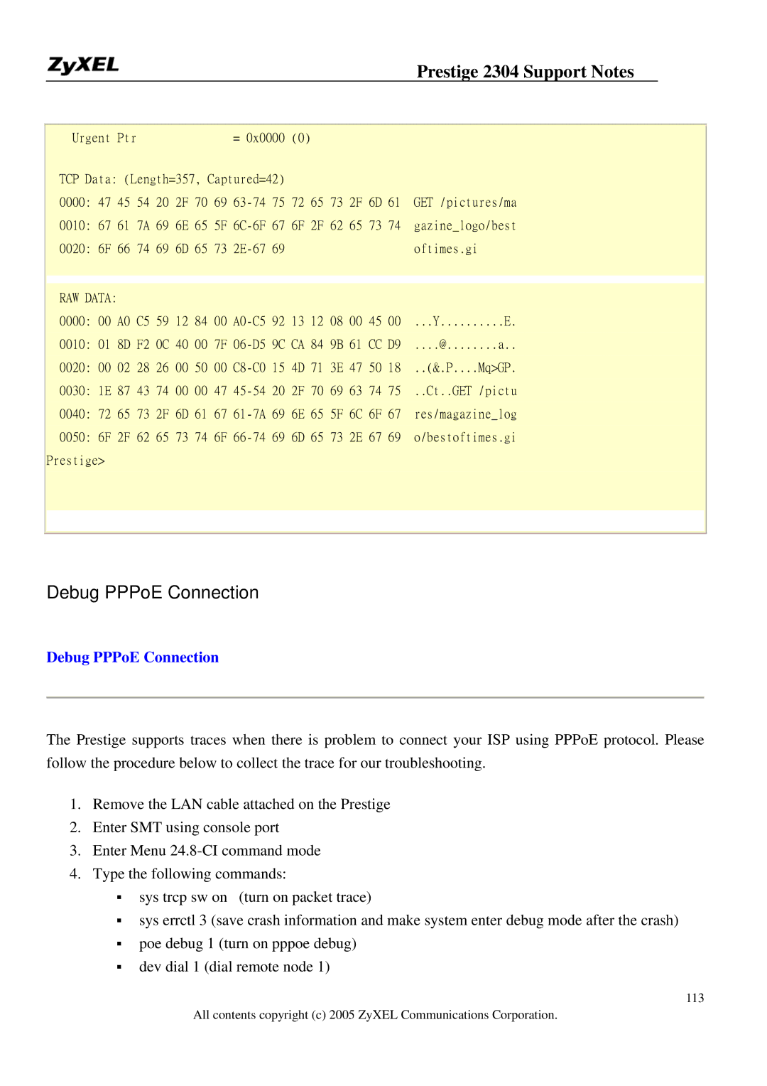 ZyXEL Communications 2304R-P1 manual Debug PPPoE Connection 