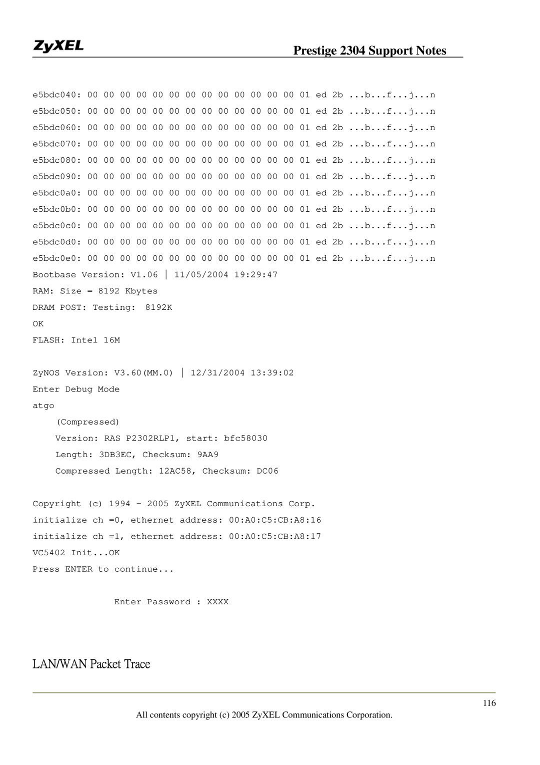 ZyXEL Communications 2304R-P1 manual LAN/WAN Packet Trace 